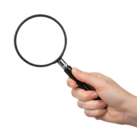 A human hand holds a magnifying glass with a black handle isolated on transparent background, offering a tool for search and discovery png