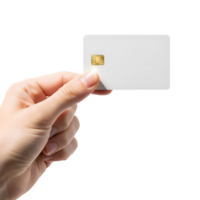 A hand holds a blank white credit card with a gold chip isolated on transparent background png