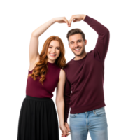 A happy couple makes a heart shape with their arms, symbolizing love and joy, isolated on transparent background png