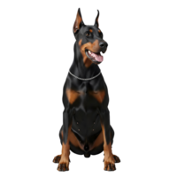 A majestic doberman pinscher sits attentively, isolated on transparent background png