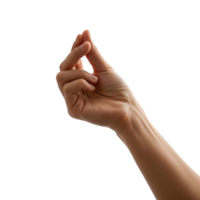 A hand making a pinching gesture against a clean transparent background, showcasing the intricate details of skin, fingers, and joints png