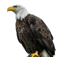 A majestic bald eagle stands tall, its piercing gaze and sharp beak embodying freedom and strength isolated on transparent background png