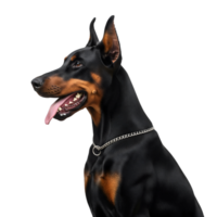 A handsome doberman pinscher with cropped ears is isolated on transparent background png
