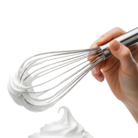 A hand holds a whisk covered in white cream isolated on transparent background, ready to mix ingredients for a sweet dessert png