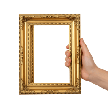 un mano sostiene un florido dorado imagen marco con un vacío rectangular espacio aislado en transparente antecedentes png