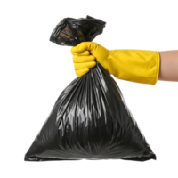 A hand in a yellow glove tightly holds a black plastic trash bag, ready for disposal and promoting cleanliness isolated on transparent background png