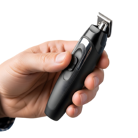 A mans hand holds a sleek black electric hair trimmer isolated on transparent background, showcasing its modern design and grooming functionality png