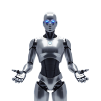 A metallic silver humanoid robot with glowing blue eyes is standing with open hands, isolated on transparent background png