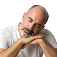 A middleaged man with closed eyes is sleeping peacefully, isolated on transparent background, resting his head on his hands png