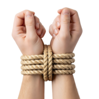 A pair of human hands are tied together with thick brown rope, isolated on transparent background png
