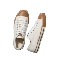 A pair of stylish white canvas sneakers with brown rubber toe caps and soles are isolated on transparent background png