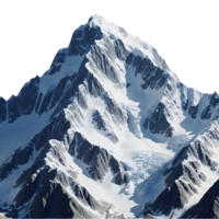 A majestic snowcovered mountain peak rises against a transparent background, showcasing its icy slopes and rocky terrain png