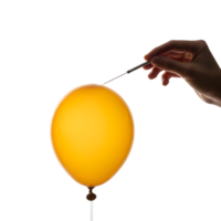 A poised needle about to pop a vibrant yellow balloon against a stark white backdrop, capturing a moment of impending burst isolated on transparent background png