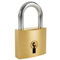 A shiny golden padlock with a silver shackle stands securely against a clean transparent background, symbolizing safety and protection png