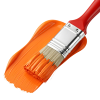 A red handled paintbrush applies a vibrant orange paint stroke, isolated on transparent background, creating a bold and artistic design element png