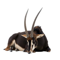 A sable antelope is lying down isolated on transparent background, showcasing its impressive horns and dark coat png