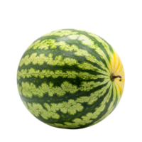 A perfectly round watermelon displays its vibrant green stripes against a pristine white backdrop in a studio setting isolated on transparent background png