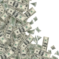 A pile of one hundred dollar bills falling and scattered isolated on transparent background png