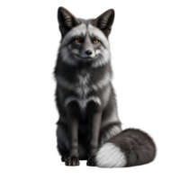 A silver fox is sitting and looking forward, isolated on transparent background png