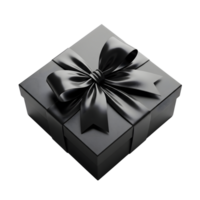 A sleek black gift box, adorned with a satin ribbon and bow, exudes elegance and anticipation against a clean transparent background png