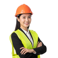 A smiling asian woman engineer in a hard hat and safety vest with arms crossed isolated on transparent background png