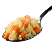A spoonful of cooked rice with diced carrots, presented in a clean and simple studio shot isolated on transparent background png