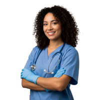 A smiling young nurse with curly hair in blue scrubs and gloves stands with arms crossed, isolated on transparent background png