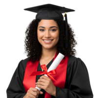 A smiling graduate in cap and gown holding a diploma, isolated on transparent background png
