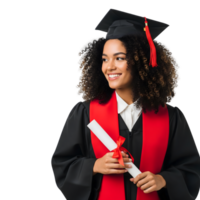 A smiling young woman in graduation gown and cap holds her diploma isolated on transparent background png