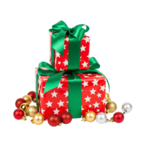 A stack of festive christmas gifts, wrapped in red paper with white stars and green ribbons, is surrounded by colorful ornaments isolated on transparent background png