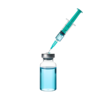 A syringe with a green plunger pierces the top of a vial filled with blue liquid, isolated on transparent background png