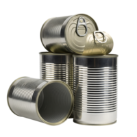 A stack of shiny metal tin cans for food storage, isolated on transparent background png