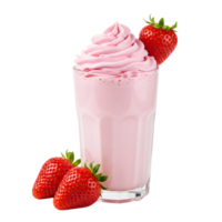 A strawberry milkshake with whipped cream and fresh strawberries is isolated on a transparent background png