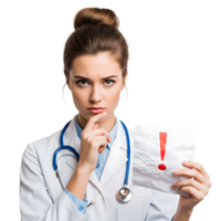 A thoughtful female doctor in a white coat contemplates a crumpled paper with a red exclamation mark, suggesting a critical medical issue isolated on transparent background png