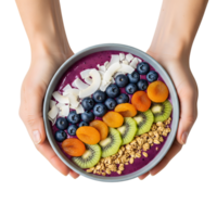 A vibrant acai smoothie bowl, brimming with fresh blueberries, kiwi, apricots, coconut flakes, and granola, held delicately in two hands isolated on transparent background png