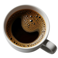 A top view of a cup of black coffee with foam isolated on a transparent background, perfect for a morning pickmeup png