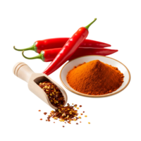 A vibrant display of red chili peppers, powder, and flakes offers a spicy culinary experience, isolated on a transparent background png