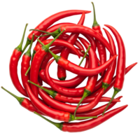 A vibrant pile of fresh red chili peppers with green stems is isolated on transparent background png