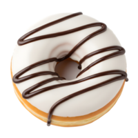 A white frosted donut with chocolate drizzle, isolated on transparent background png
