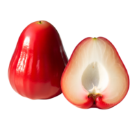 A whole and a halved rose apple are isolated on transparent background, showcasing their vibrant red color and juicy texture png
