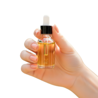 A womans hand holds a bottle of golden serum isolated on transparent background png
