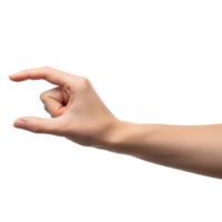 A womans hand is making a pinching gesture to indicate a small size, isolated on transparent background png