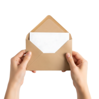 A womans hands hold an open kraft envelope with a blank white card isolated on transparent background png