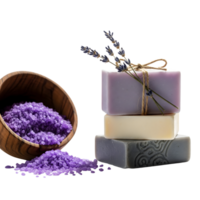 Aromatic lavender soaps and bath salts in a rustic wooden bowl isolated on transparent background png