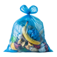Blue garbage bag filled with household waste isolated on transparent background png