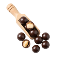 Chocolate covered macadamia nuts are arranged in a wooden scoop isolated on transparent background png