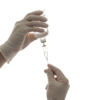Gloved hands preparing an iv drip with saline solution, showcasing medical equipment and sterile procedure on a transparent background png
