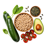 Fresh zucchini, chickpeas, avocado, and tomatoes are isolated on transparent background png