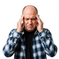 Man with a headache is isolated on transparent background, holding his head in pain png