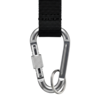 Silver carabiner with a black strap is isolated on transparent background png